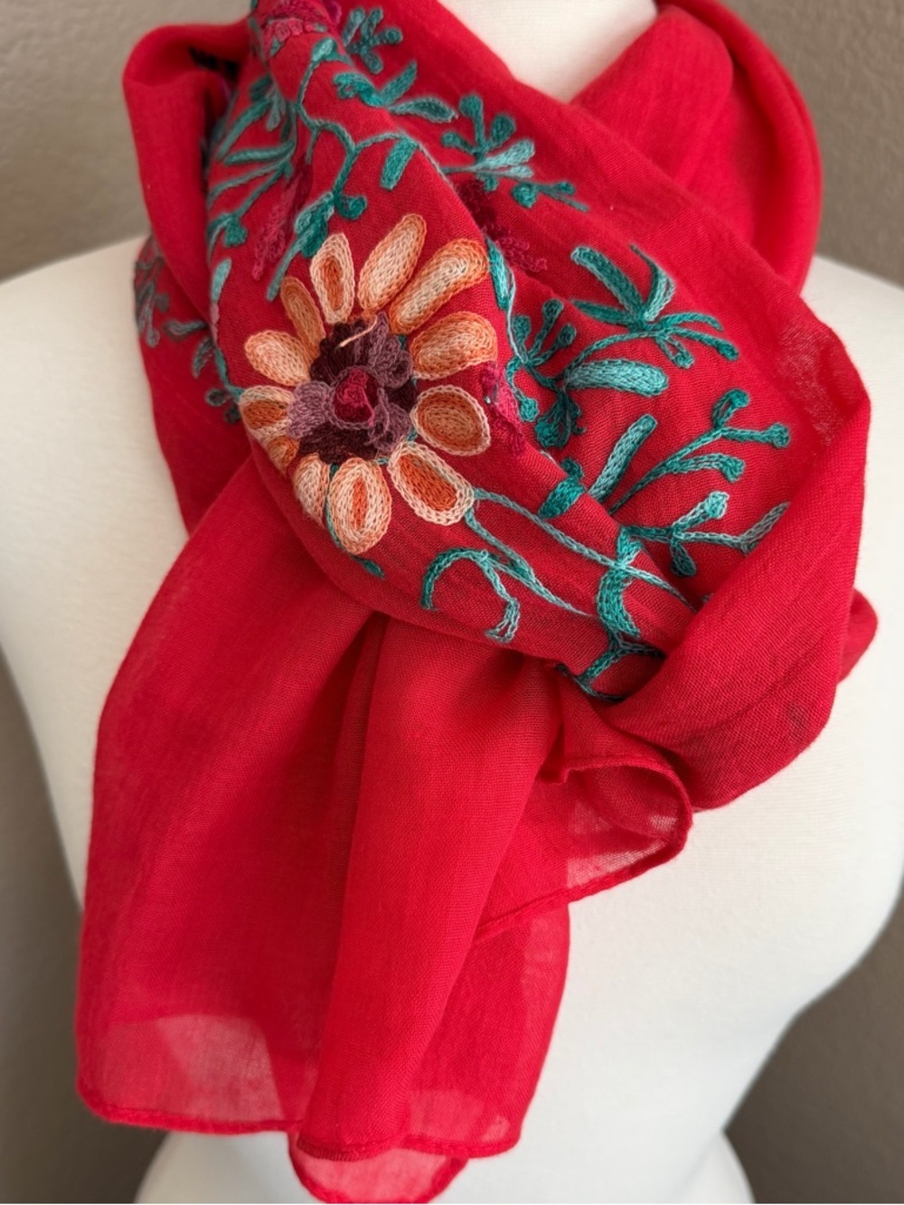 Vintage Raspberry Embroidered Floral Scarf Wrap 35x65 Boho